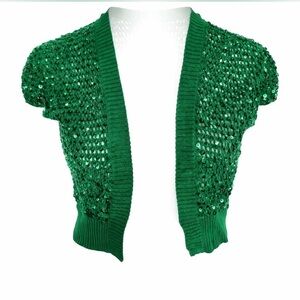 BCBGMaxAzria Silk Sequin Shrug with cap sleeves